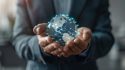 Businessperson Holding a Holographic Globe
. A close-up view of a business executive's hands presenting a holographic model of the Earth, depicting global connectivity and technology.
