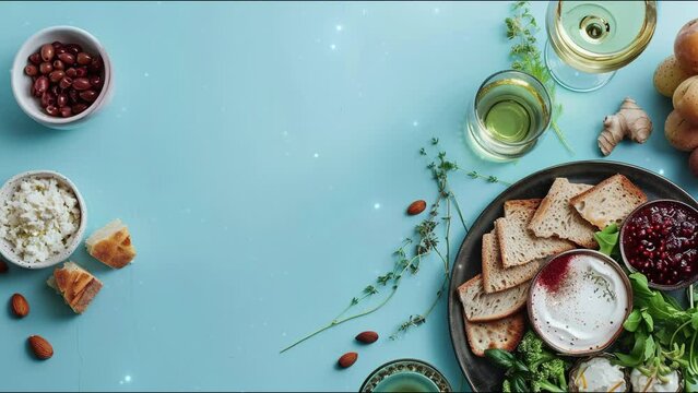 Pesah celebration concept (jewish Passover holiday). 
Composition with Passover Seder plate. Pastel blue background with copy space area for text. 4K Video