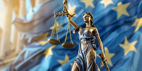 Lady justice and european union flag. symbol of law and justice with eu flag.
 - obrazy, fototapety, plakaty
