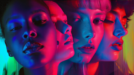 Obraz premium Multi-Ethnic Group in Vivid Neon Lights Showcasing Modern Youth Culture