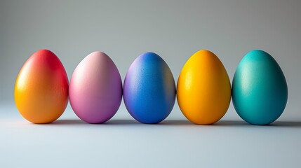 Obraz premium A row of colorful eggs arranged on a table with a blue cloth cover and gray background