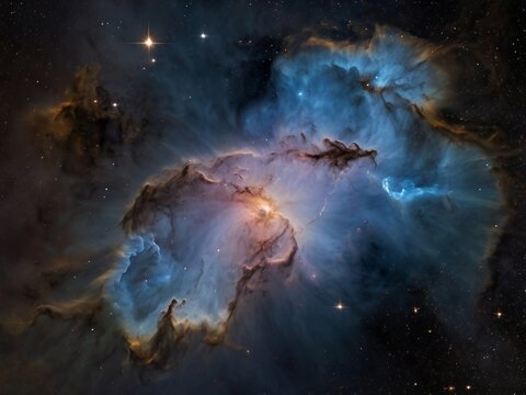 In space, a nebula swirls with gases, dust, stars, and vibrant colors, a stunning portrait of cosmic beauty and evolution.