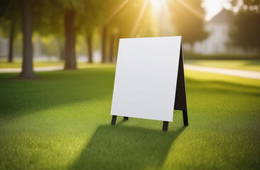 Blank yard sign on green grass. Yard sign mockup in the park