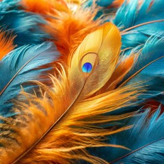 An eye-catching mockup showcasing a glamorous golden feather boa arranged amidst a backdrop of orange and blue feathers. The combination of textures and colors creates a bold and energetic visual stat