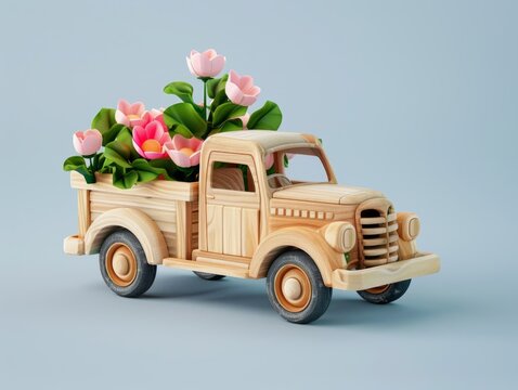 3d,Pickup truck, wooden pickup truck carrying flower,pastel color, clay, isometric ,the pickup truck is imaginary and imaginary, not an imitation of a branded car.-- no logo , brand, bran