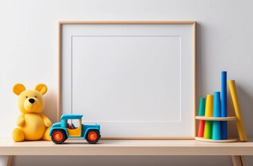 Light wood frame horisontal mockup on the shelf near the wall, yellow teddy bear and toy truck. Blank canva mockup in nursery room