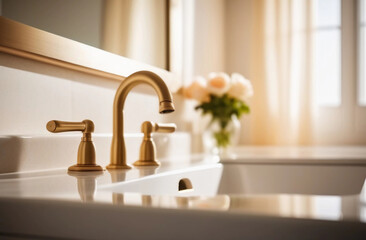 White sink and bronze faucet in white bathroom with window and flowers