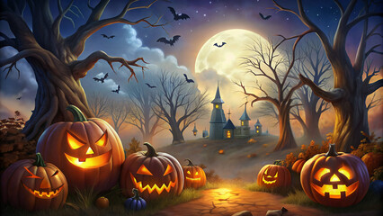 Halloween pumpkins in a scary halloween theme park  background - obrazy, fototapety, plakaty