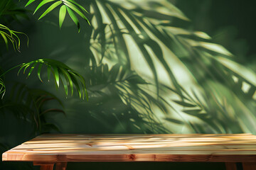 background tranquil and natural setting. It showcases a wooden shelf or ledge against a wall, bathed in dappled sunlight that creates beautiful patterns on the surface - obrazy, fototapety, plakaty