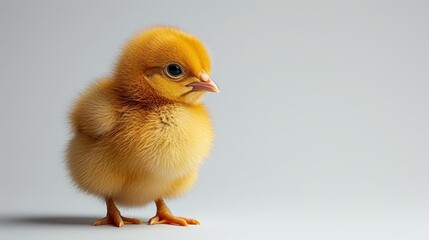 Fototapeta premium A tight shot of a small yellow chicken against a white backdrop, with a yellow chick smaller in size on the right side