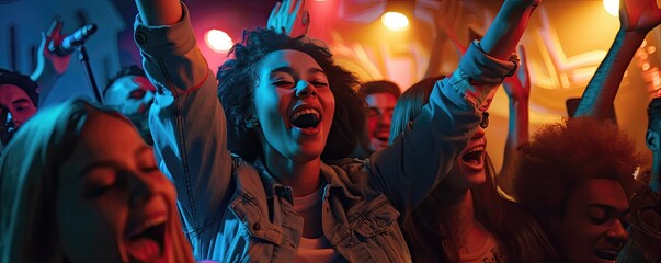 group of people enjoying a party with colorful lighting, movement and joy with dance