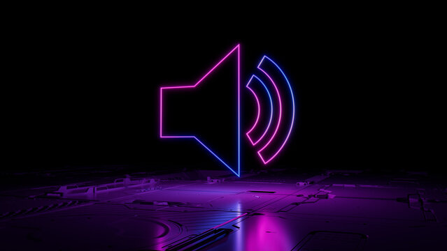 Pink and Blue neon light audio icon. Vibrant colored Sound technology symbol, on a black background with high tech floor. 3D Render