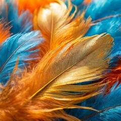 close up of a feather.the beauty of a golden feather boa set against a background of vibrant orange and blue feathers. The rich colors and intricate details of the feathers create a luxurious and mesm