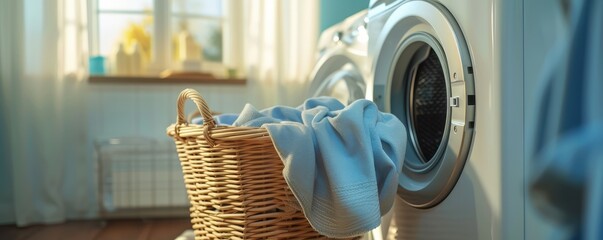 Laundry basket with towels in front of washer - obrazy, fototapety, plakaty
