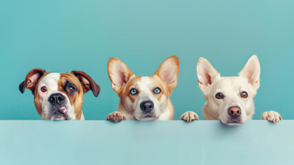 Three dogs of different breeds peek over a ledge with eager expressions and paws visible. - obrazy, fototapety, plakaty