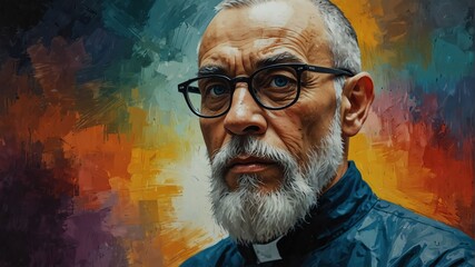 saint maximilian kolbe abstract portrait oil pallet knife paint painting on canvas large brush strokes art watercolor illustration colorful background from Generative AI