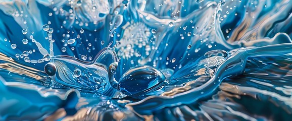 Cerulean and silver droplets collide, creating a mesmerizing explosion of color on a liquid canvas."