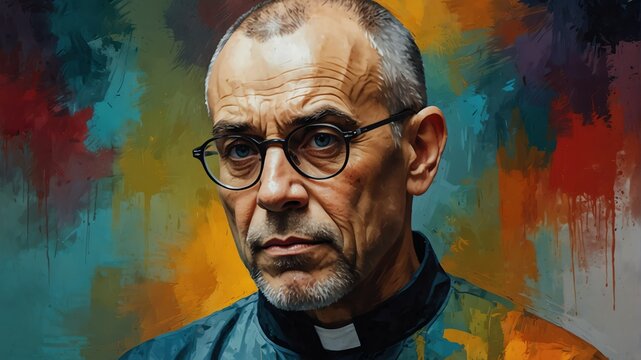 saint maximilian kolbe abstract portrait oil pallet knife paint painting on canvas large brush strokes art watercolor illustration colorful background from Generative AI
