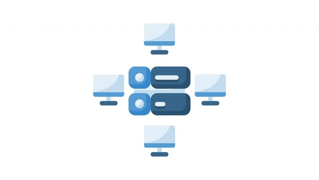 Animated data center with server and computer connected. Ideal for remote work, technology, connectivity concepts in business presentations, educational materials marketing collaterals and database