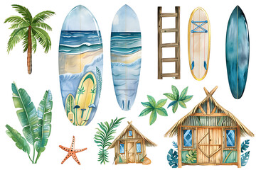 Watercolor painting realistic Full picter A large set of pictures with beach cabins, surfboards, summer vacation and vacation accessories Isolated objects on a white background.