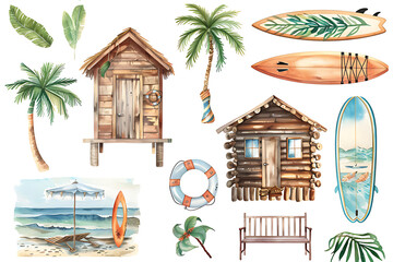 Watercolor painting realistic Full picter A large set of pictures with beach cabins, surfboards, summer vacation and vacation accessories Isolated objects on a white background.