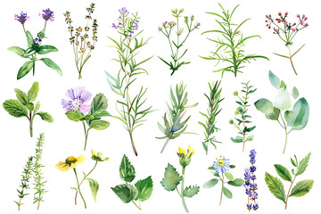 Fototapeta na wymiar Watercolor painting realistic set of herbs, wildflowers and spices on white background. Clipping path included.