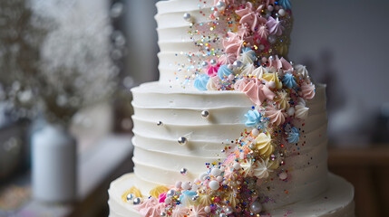 A decadent birthday cake covered in smooth pastel-colored buttercream - obrazy, fototapety, plakaty