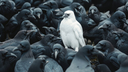 A white crow stands among black crows. - obrazy, fototapety, plakaty