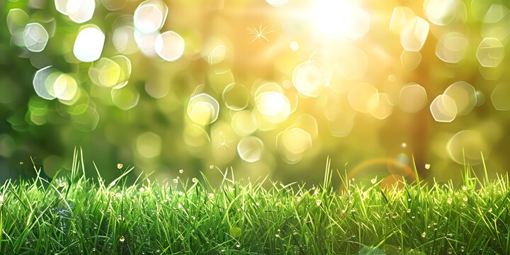 Radiant Spring Bright Grass Field with Sunlight Bokeh Background 