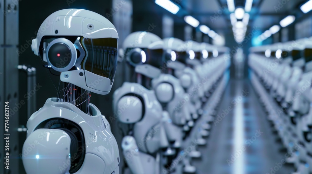 Aufkleber Row of White Robots in a Room