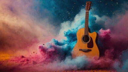 Guitar in cloud colorful dust, World music day banner with musician and musical instrument on abstract colorful dust background