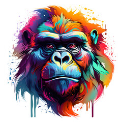 a vibrant and colorful illustration of a gorilla’s head,  The gorilla has a fierce yet majestic expression