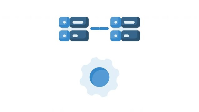 Animated data integrated with illustration of a server connected servers and gear wheel. Suitable for tech concept, database, data management, internet, network and IT infrastructure material