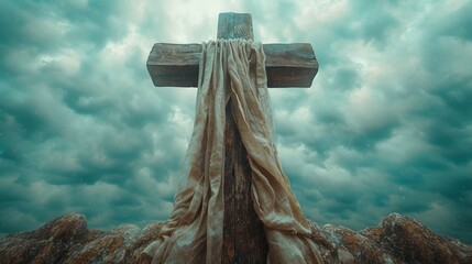   A wooden cross, shrouded by a cloth, stands before a cloudy sky, itself concealed by another cloth - obrazy, fototapety, plakaty