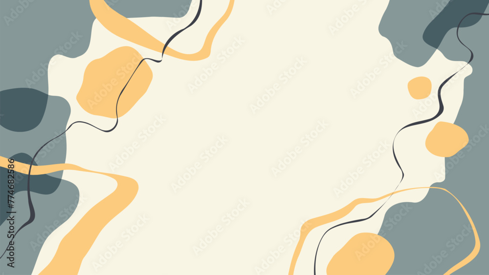 Poster Abstract background with various curved color shapes and black wavy lines for creative graphic design. Vector illustration.
