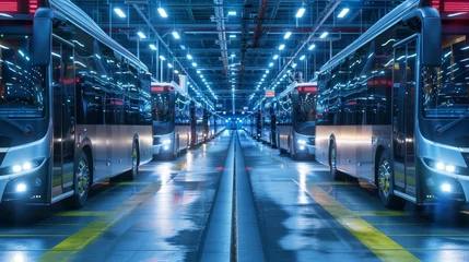 Tuinposter Electric Buses in Modern Depot at Night © Prostock-studio