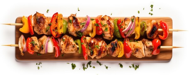 Grilled chicken skewers with vegetables on board