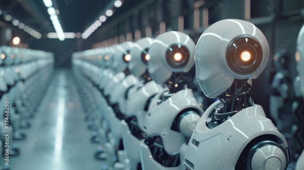 Poster row of white robots in room