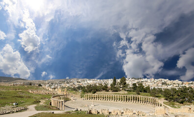 Forum (Oval Plaza) in Gerasa (Jerash), Jordan. Was built in the first century AD. Against the...