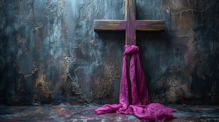   A cross, swathed in purple fabric, stands before a wall bearing a crucifix - obrazy, fototapety, plakaty
