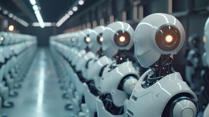 Row of White Robots in Room