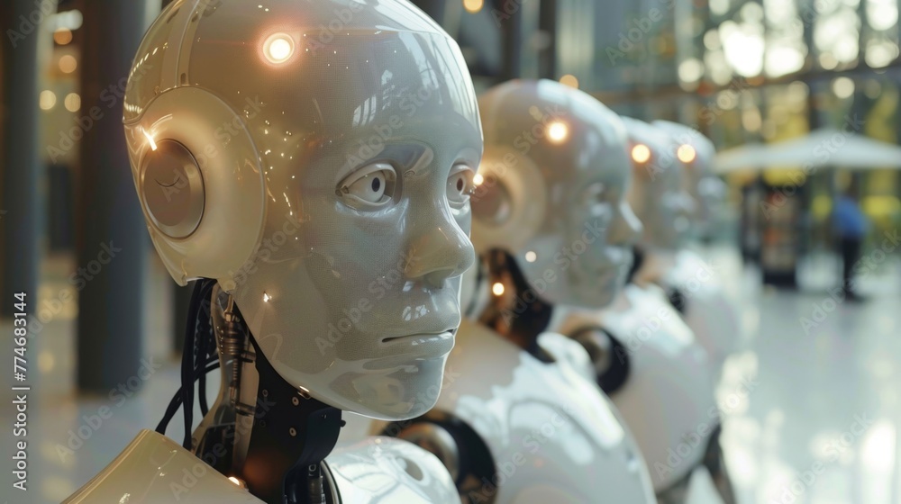 Aufkleber row of robot heads on white floor.