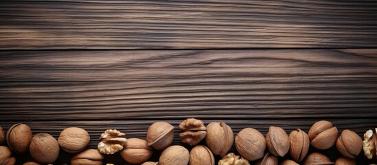 Assorted nuts such as almonds, cashews, and walnuts are arranged on a rustic wooden table with a wooden background