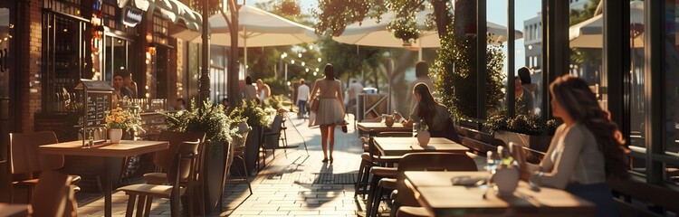 streets in the day light with cafes around - obrazy, fototapety, plakaty