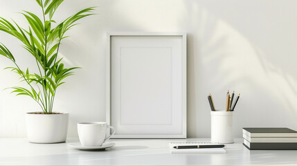 
Modern workspace with mock up white frame, stationery, coffee cup and houseplant on well arranged...