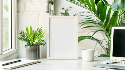 Modern workspace with mock up white frame, stationery, coffee cup and houseplant on well arranged desk.