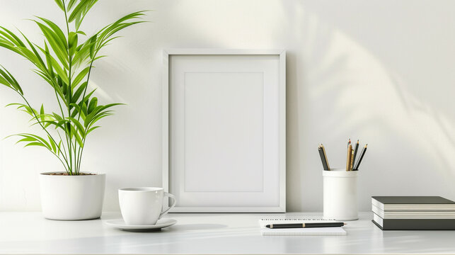 
Modern workspace with mock up white frame, stationery, coffee cup and houseplant on well arranged desk.