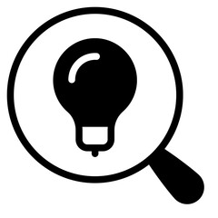 find idea, magnifiying glass with light bulb icon