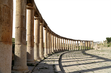 Forum (Oval Plaza) in Gerasa (Jerash), Jordan. Was built in the first century AD. Carved on white...