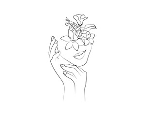  Woman with flower Line Art Minimalist Logo. Nature Organic Cosmetics Makeup. Flower head Feminine Illustration line drawing. Woman face with flowers line Art & Illustration